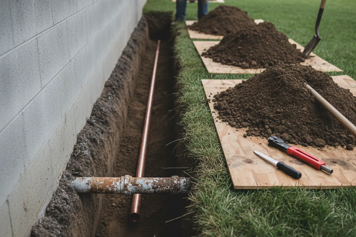 Excavated water line trench during Sewer Line Repair in Dobbs Ferry